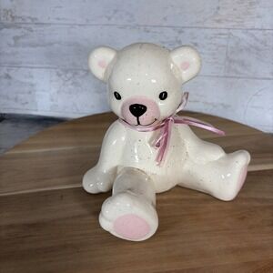 Vintage pats Critters Ceramic Teddy Bear Piggy Bank Speckled Pink Ribbon